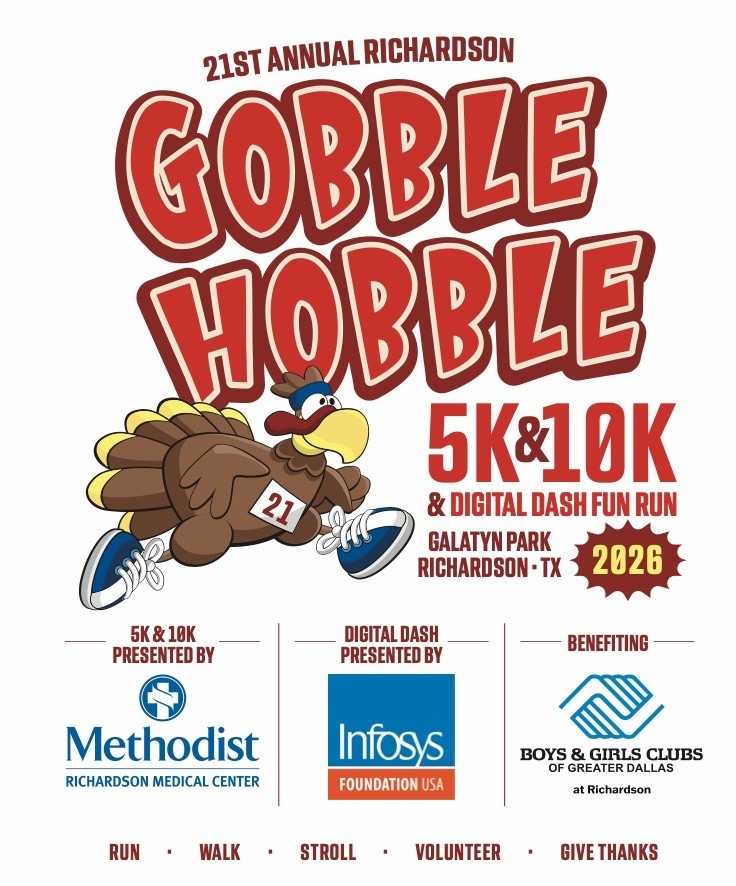 Annual Richardson Gobble Hobble 5K, 10K & Family Fun Run/Walk in Richardson, Texas.